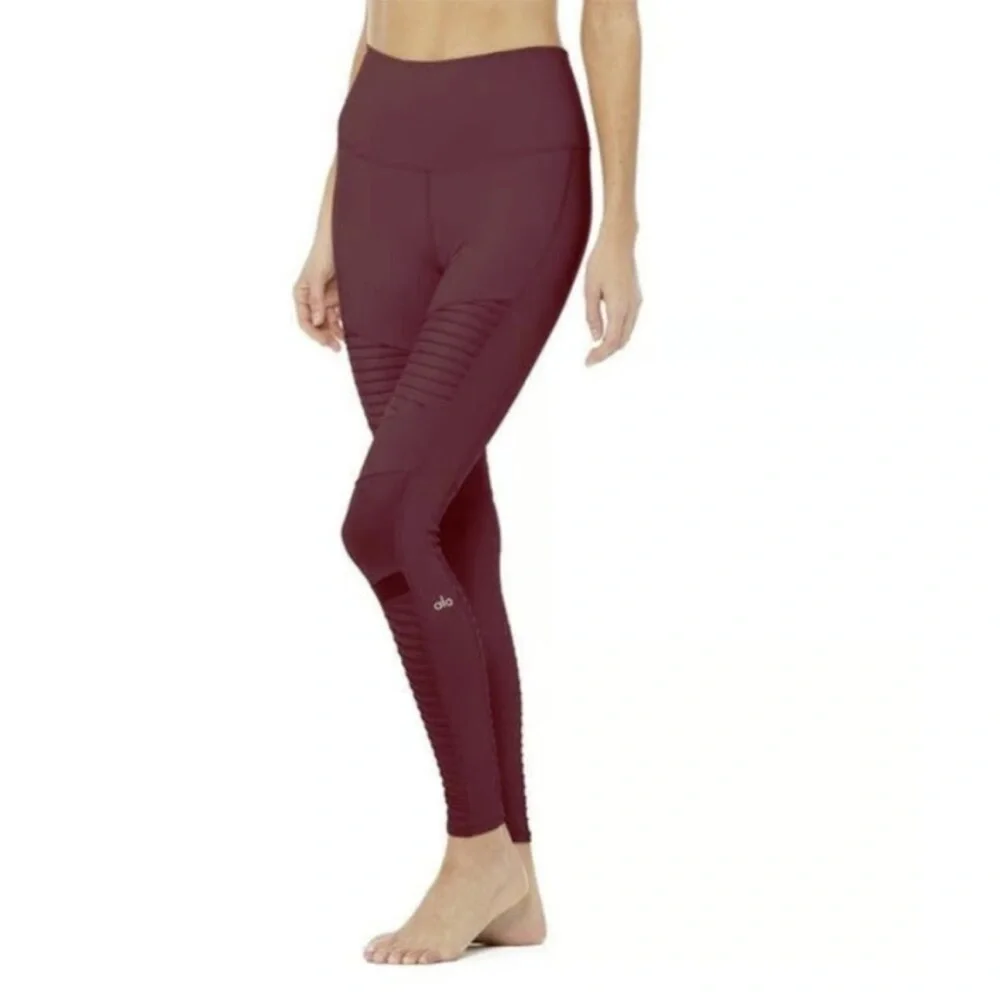 ALO Yoga Moto Legging High Rise Burgundy Pleated Mesh Full Length